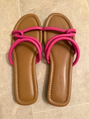 Madewell Hot Pink Strap Tan Slide Sandals